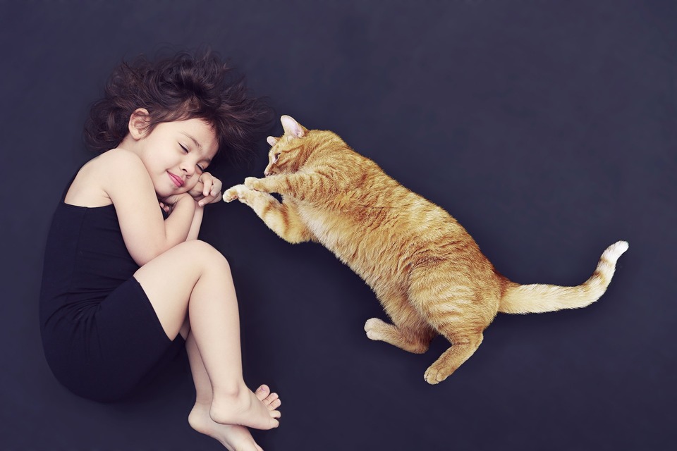 Die Katze liegt neben dem lügenden kleinen Mädchen, die Katze versucht sie zum Spielen zu necken.