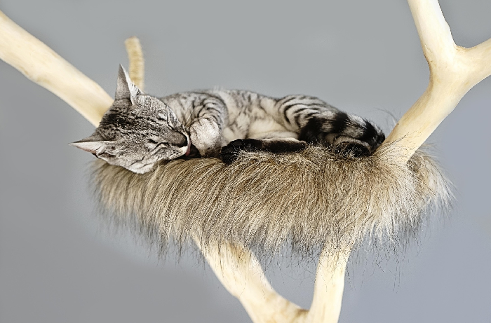 Die Katze liegt auf einem hölzernen Kratzbaum.