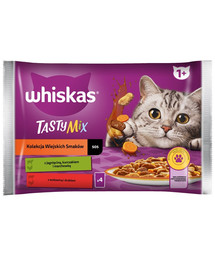 WHISKAS Adult 4x85g: Nassfutter für Katzen mit Lamm, Huhn und Karotten, Rind und Geflügel in Sauce