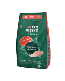 PAN MIĘSKO mit Kräutern Trockenfutter mit Rind und Kaninchen für adulte mittlere Hunde M 9 kg