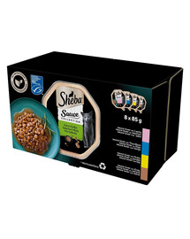 SHEBA Sauce Collection Mix 8x85 g: Nassvollnahrung für adulte Katzen mit Lachs, Thunfisch, Huhn und Ente in Sauce