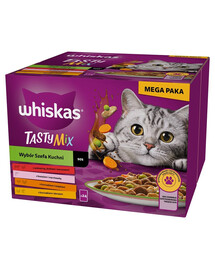 WHISKAS Adult Tasty Mix in Soße 24x85 g mit Rind, Lachs, Huhn, Pute, Kabeljau für Katzen