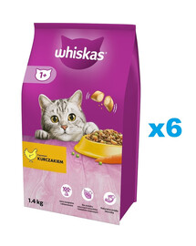 WHISKAS Adult 6x1,4 kg Trockenfutter mit Huhn für adulte Katzen