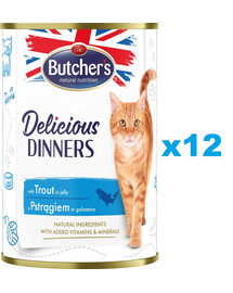 BUTCHER'S Delicious Dinners, karma dla kota, kawałki z pstrągiem w galaretce 12 x 400g