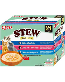 Cat Ciao Stew Creamy Variety 24x40g mix przysmaków z kurczakiem, rybą i przegrzebkami w kremowym sosie