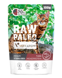 RAW PALEO Adult Sterilised Nassfutter mit Thunfisch Monoprotein für adulte und sterilisierte Katzen 100g