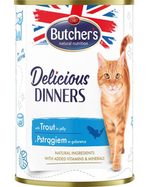 BUTCHER'S Delicious Dinners, karma dla kota, kawałki z pstrągiem w galaretce, 400g