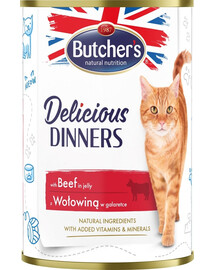 Delicious Dinners, karma dla kota, kawałki z wołowiną w galaretce, 400g