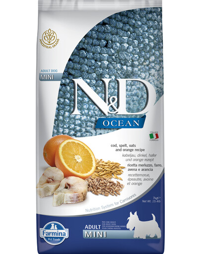 FARMINA N&D Ocean dog codfish, spelt, oats, orange Adult Mini 2,5 kg