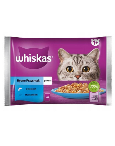 WHISKAS Adult Multipack Fisch 4x85g: Nassfutter für adulte Katzen mit Lachs und Thunfisch in Gelee