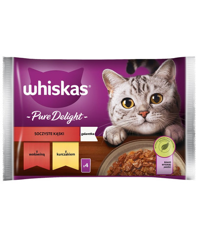 WHISKAS Adult 4x85g: Nassfutter für Katzen mit Rindfleisch und Huhn