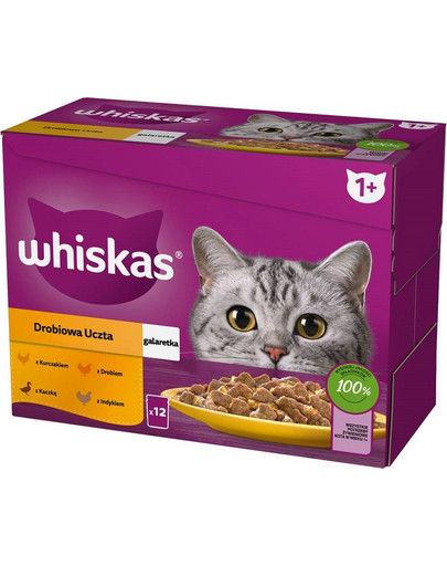 WHISKAS Adult 12x85g: Nassfutter für adulte Katzen mit Huhn, Ente, Geflügel und Pute in Gelee