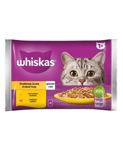 WHISKAS Adult 4x85g: Nassfutter für adulte Katzen mit Huhn und Truthahn in Gelee