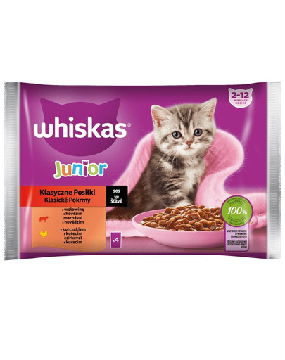 WHISKAS Junior Beutel 4x85g Nassfutter für Kätzchen mit Rind und Huhn in Sauce