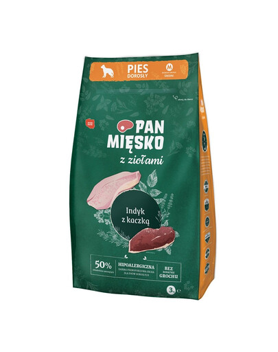 PAN MIĘSKO mit Kräutern Trockenfutter Truthahn mit Ente für adulte Hunde M hypoallergen 3 kg