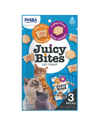 INABA Juicy Bites Katzen Leckerlie Knabbertaschen mit saftigem Kern in lustigen Formen - Jakobsmuschel und Krabbe 33,9g