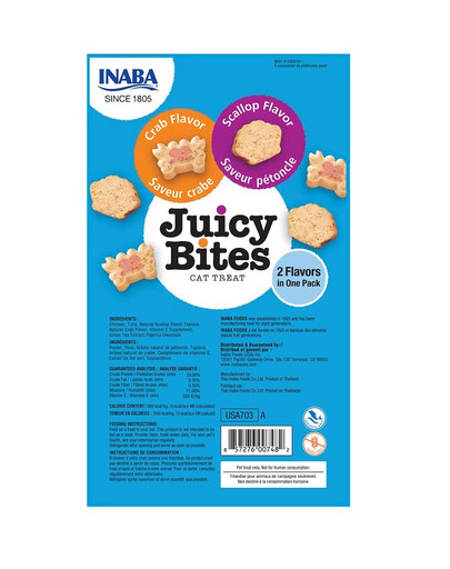 INABA Juicy Bites Katzen Leckerlie Knabbertaschen mit saftigem Kern in lustigen Formen - Jakobsmuschel und Krabbe 33,9g