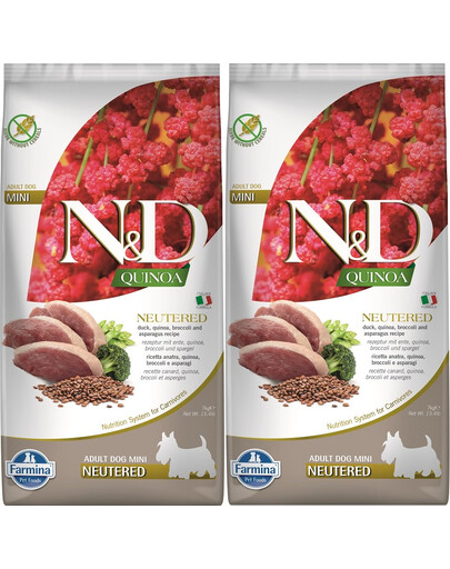 FARMINA N&D Quinoa Neutere Adult Mini Ente, Broccoli & Spargel 2x7 kg