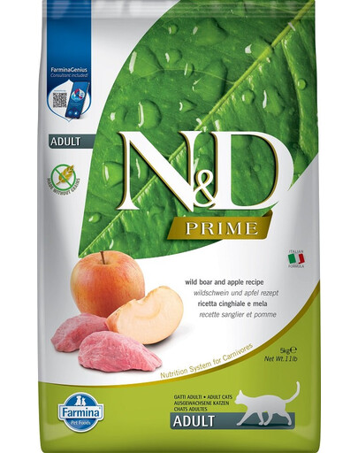 FARMINA N&D Prime Boar & Apple Katzenfutter für Erwachsene, 5 kg, Wildschwein-Katzenfutter mit Apfel