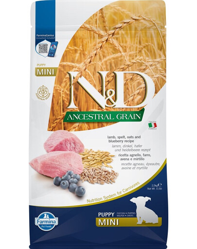 FARMINA N&D Ancestral Grain Dog Lamb & Blueberry Puppy Mini 2,5 kg für Welpen kleiner Rassen