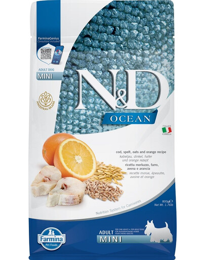 FARMINA N&D Ocean Adult Mini Kabeljau, Dinkel, Hafer, Orange 800 g
