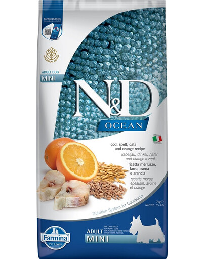 FARMINA N&D Ocean Kabeljau, Dinkel, Hafer & Orange Mini Trockenfutter für Hunde 7kg