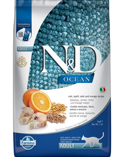 FARMINA N&D Ocean cat adult Kabeljau, Dinkel, Hafer und Orange 5 kg