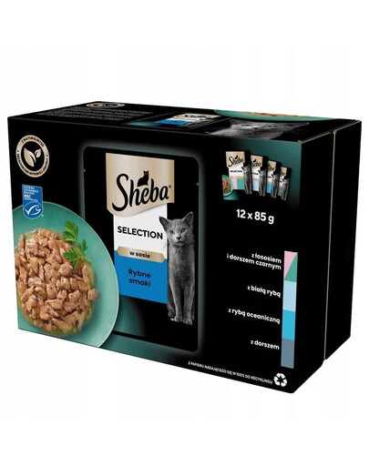 SHEBA Selection Fisch Geschmacks in Soße 12x85g Nassfutter mit Lachs und schwarzem Kabeljau, Weißfisch, Meeresfisch, Kabeljau für Katzen