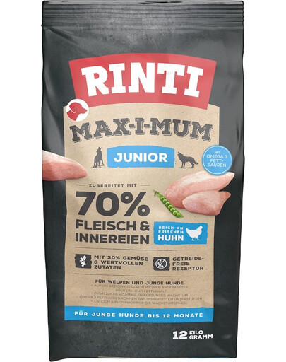 RINTI MAX-I-MUM Junior Trockenfutter mit Huhn für Welpen und junge Hunde getreidefrei 12 kg