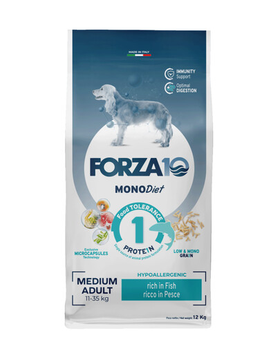 FORZA10 Medium Diet mit Fisch hypoallergenes Trockenfutter für ausgewachsene mittelgroße Hunde 12 kg