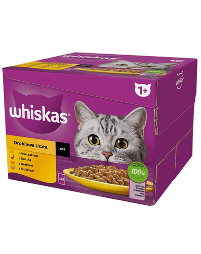 WHISKAS Adult 24x85 g: Stücke mit Huhn, Ente, Geflügel und Truthahn in Sauce für adulte Katzen