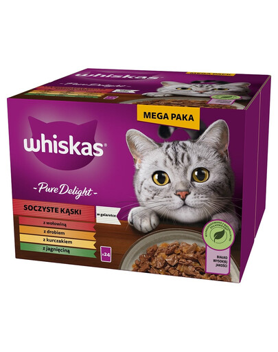 WHISKAS Adult Pure Delight in Gelee 24x85 g mit Rind Huhn Lamm Geflügel