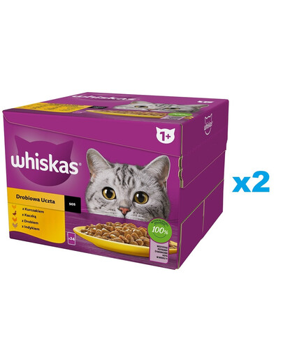 WHISKAS Adult 48x85 g: Stücke mit Huhn, Ente, Geflügel und Truthahn in Sauce für adulte Katzen