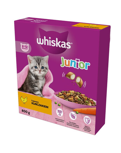 WHISKAS Junior 800g: Trockenvollnahrung für Kätzchen mit leckerem Huhn
