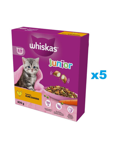 WHISKAS Junior 5x800g: Trockenvollnahrung für Kätzchen mit leckerem Huhn