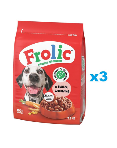 FROLIC Naturally Irresistible 3x2,6 kg: Halbfeuchte Vollnahrung für ausgewachsene Hunde mit frischem Rindfleisch