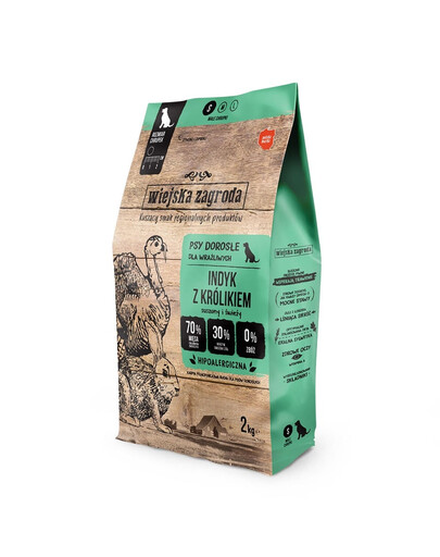 WIEJSKA ZAGRODA Trockenfutter Pute mit Kaninchen für adulte S Hunde getreidefrei 2 kg