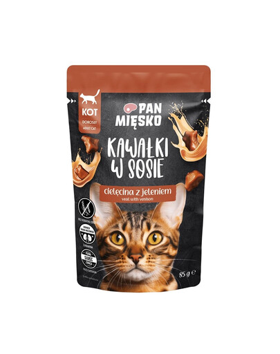 PAN MIĘSKO Nassfutter mit Kalb und Hirsch in Soße für adulte Katzen getreidefrei 85 g