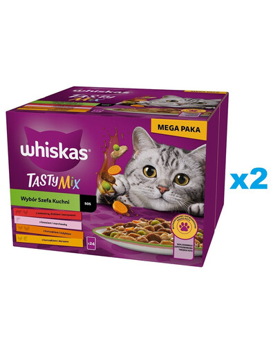 WHISKAS Adult Tasty Mix in Soße 48x85 g mit Rind, Lachs, Huhn, Pute, Kabeljau für Katzen