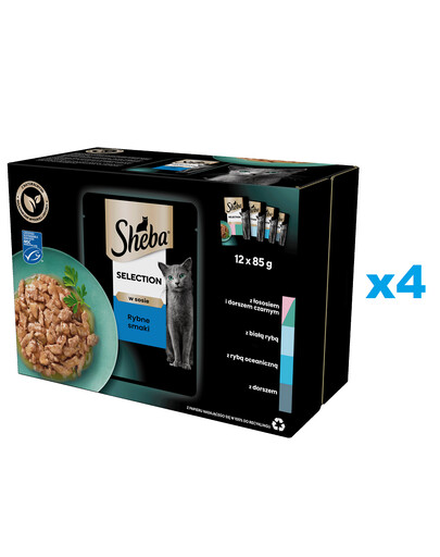 SHEBA Selection 48x85 g: Nassvollnahrung für adulte Katzen mit Lachs und schwarzem Kabeljau, Weißfisch, Meeresfisch, Kabeljau in Sauce