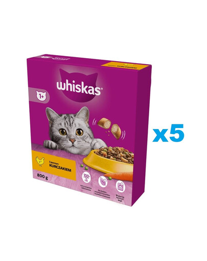 WHISKAS Adult 5x800g: Trockenvollnahrung für adulte Katzen mit leckerem Huhn
