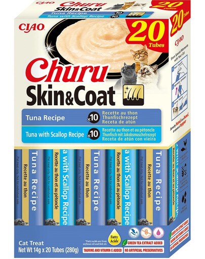 INABA Churu Cat Skin Coat 20x14g Thunfisch, Thunfisch und Jakobsmuscheln Creme Katzenleckerli