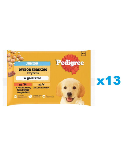 PEDIGREE Junior Mix 52x100g: Nassfutter für Welpen in Stückchen mit einer Mischung aus Rindfleisch, Leber und Reis, und mit Huhn und Reis, in Gelee