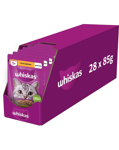 WHISKAS Adult 28x85g: Nassfutter für adulte Katzen mit Huhn in Gelee