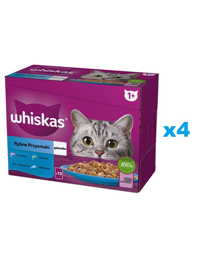 WHISKAS Adult 48x85g: Nassfutter für adulte Katzen mit Lachs, Thunfisch, Kabeljau, und weißen Fischen in Gelee