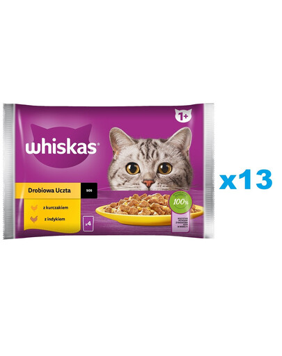 WHISKAS Adult 52x85g: Nassfutter für adulte Katzen mit Huhn und Truthahn in Sauce