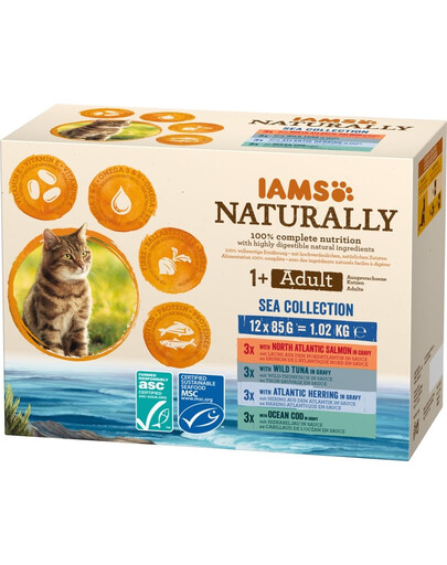 IAMS Naturally Cat Adult Sea Collection: Fischgeschmack Mix für Katzen 12 x 85 g