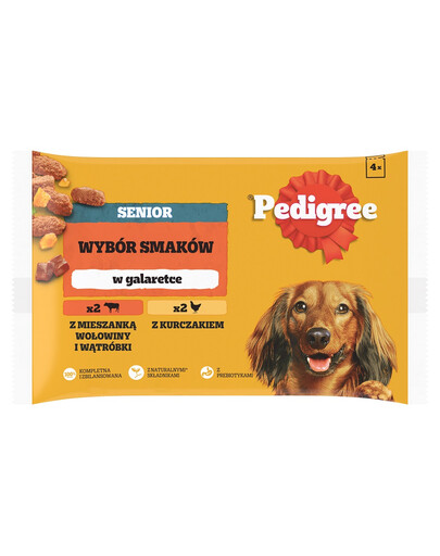 PEDIGREE Senior Wybór Smaków saszetki 4x100 g mokra karma pełnoporcjowa dla dorosłych psów z mieszanką wołowiny i wątróbki, z kurczakiem w galaretce