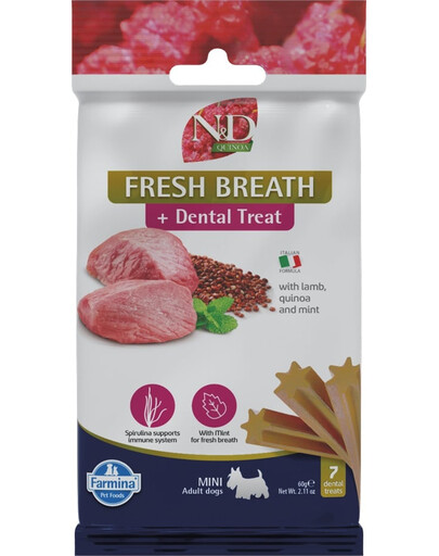 N&D Quinoa Dental Treat Fresh breath Mini 60 g (7 szt) przysmak dentystyczny dla psów ras małych