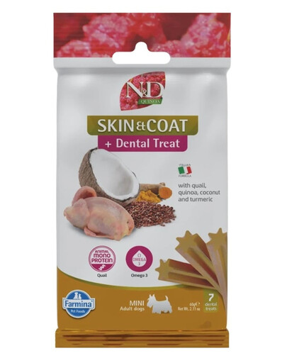 FARMINA N&D Quinoa Dental Treat Skin Coat Quail Mini 60 g dentale Leckerei für kleine Hunderassen